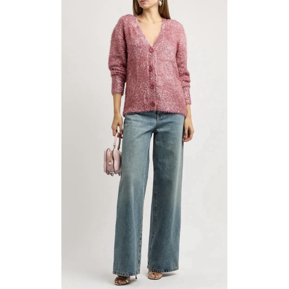 NEVER‎ FULLY DRESSED Metallic Tinsel-Weave Cardigan pink size Large Eras Tour